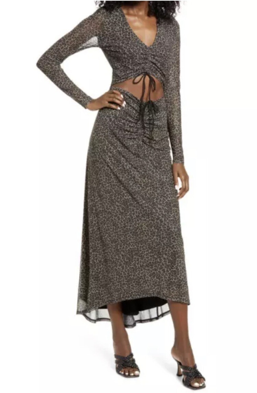 NWT AFRM Rhys Cutout Maxi Dress Leopard Long Sleeve V-Neck Sheer Mesh Lined XL